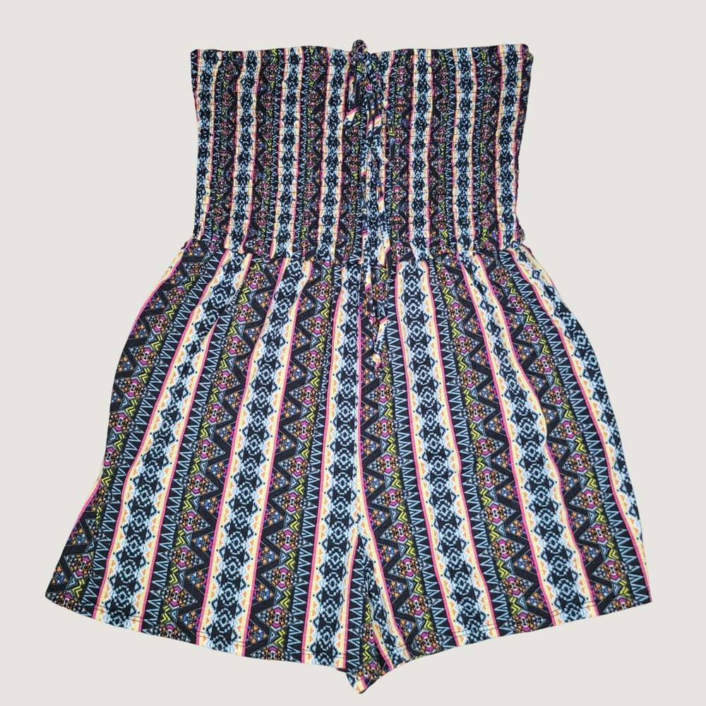 No Boundaries Strapless Romper Black Combo Tribal Print Smocked Bodice Juniors L